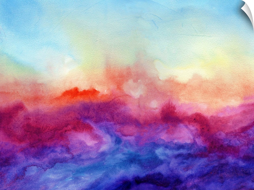 A horizontal abstract watercolor painting in brilliant colors of purple, red and blue.