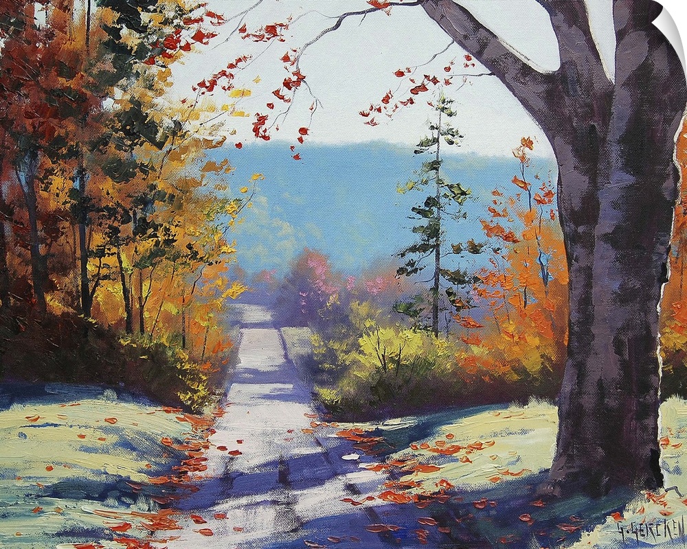 Contemporary painting of an idyllic countryside landscape, with a road cutting through autumn foliage.
