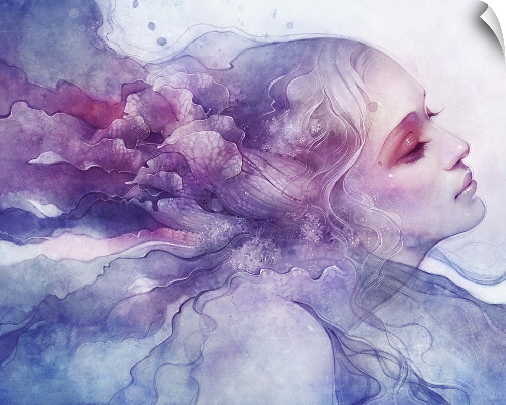 A contemporary fantastical painting of a woman's face in profile with pink and purple free flowing watercolor forms flowin...