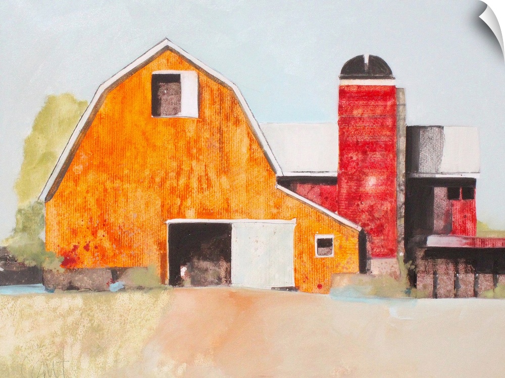 A contemporary watercolor painting of a barn.