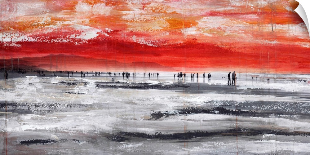 A panoramic mixed media artwork of people walking along a beach.