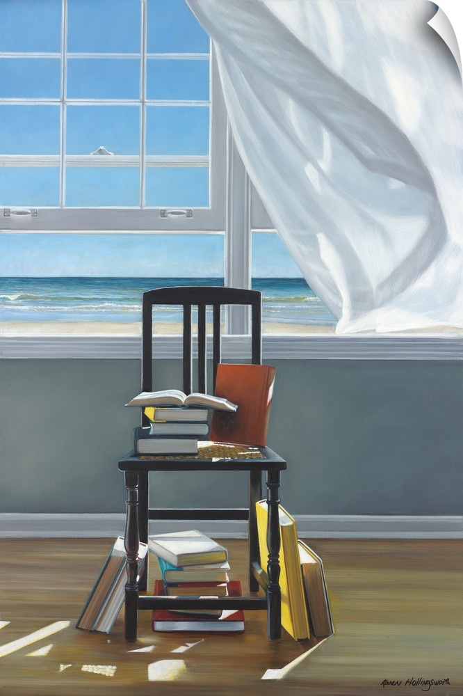 Contemporary still life painting of a stack of books on a chair next to an open window with a white curtain and the beach ...