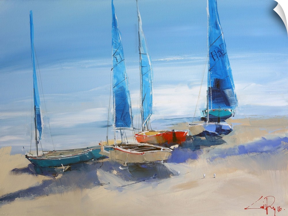 A contemporary painting of four sailboats on the beach next to the water.