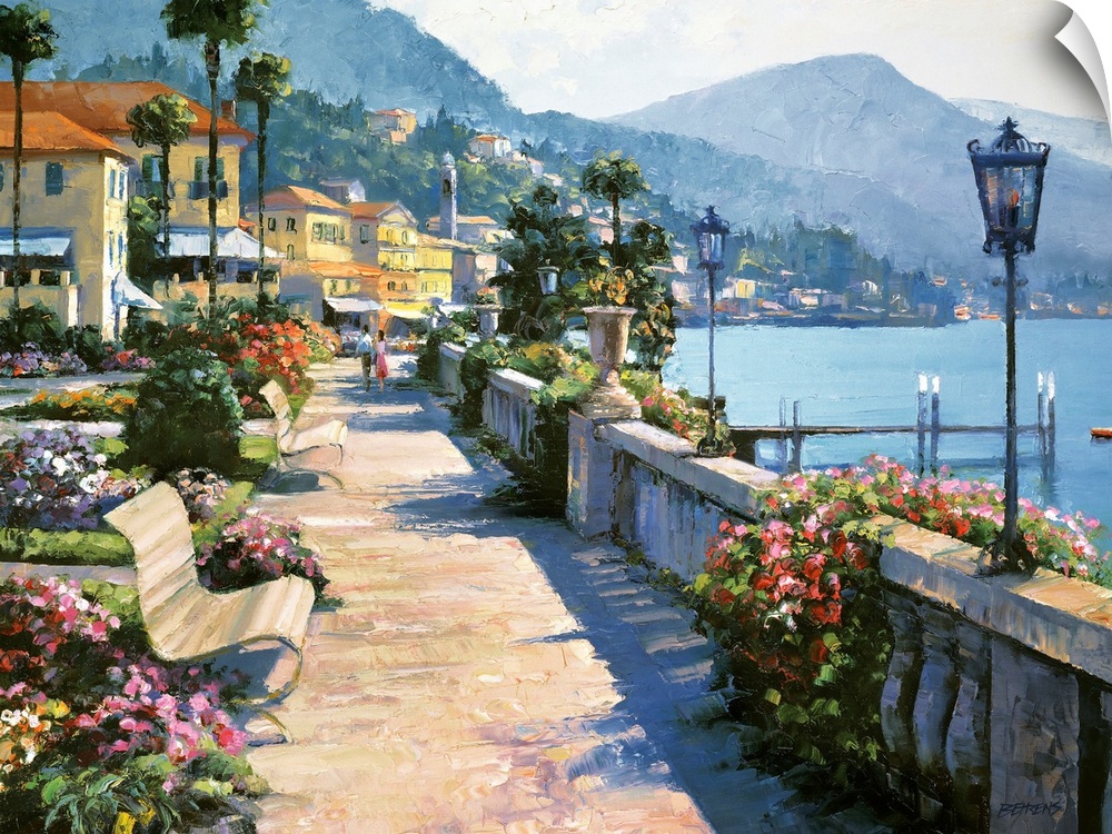 Beautiful and romantic painting featuring a waterfront walkway in the idyllic town of Bellagio, on the shores of Lake Como...