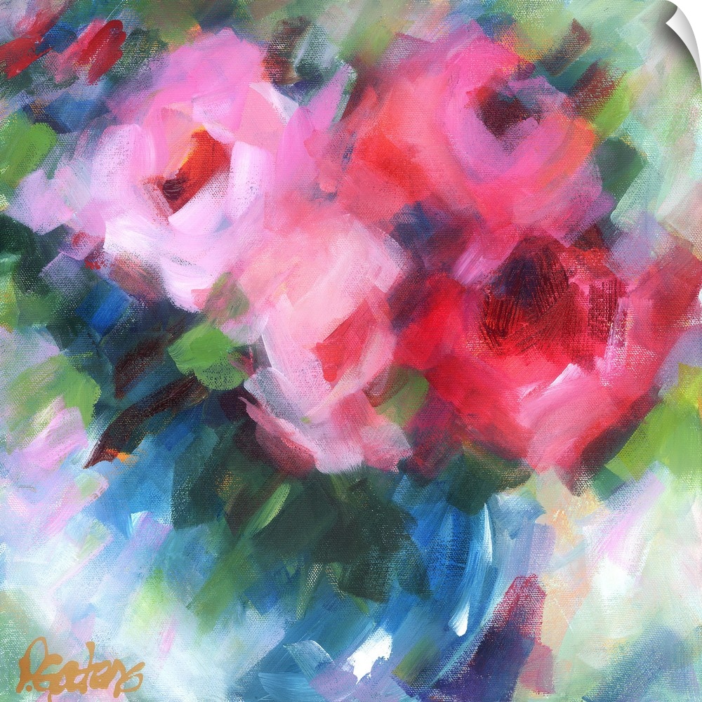 A square abstract painting of bright pink flowers.