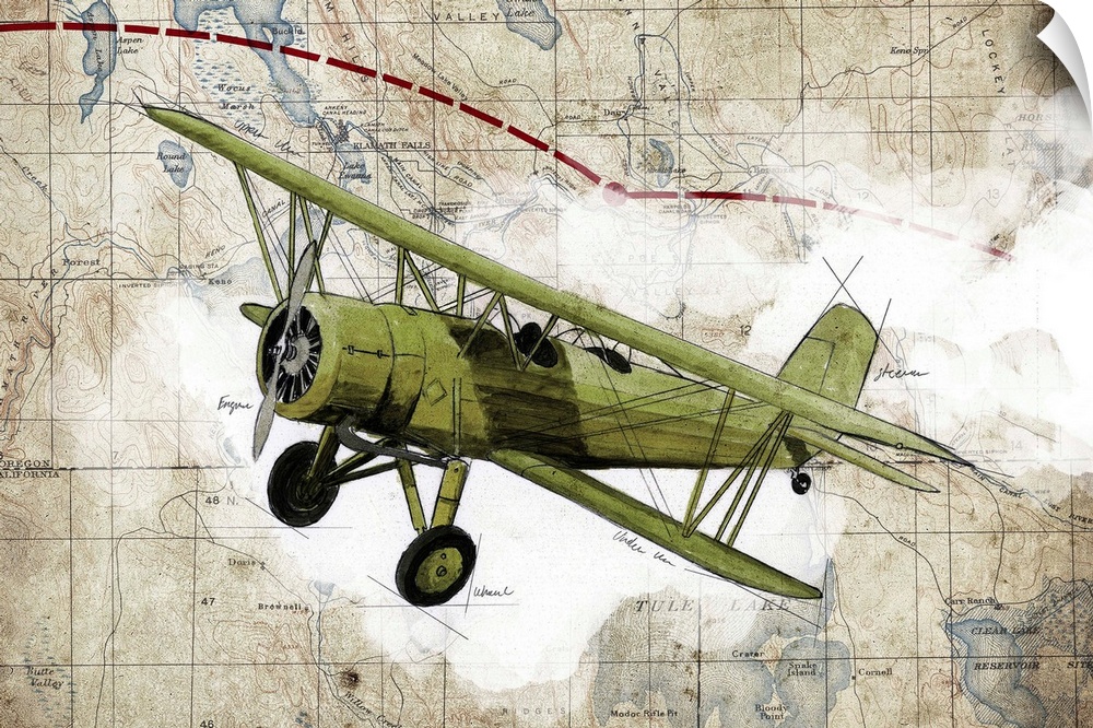 Illustration of a green biplane in flight with clouds and a map in the background.