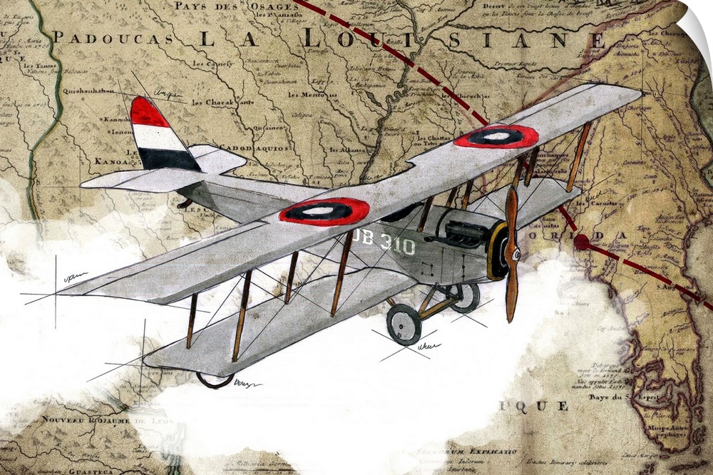 Illustration of a gray biplane in flight with clouds and a map in the background.