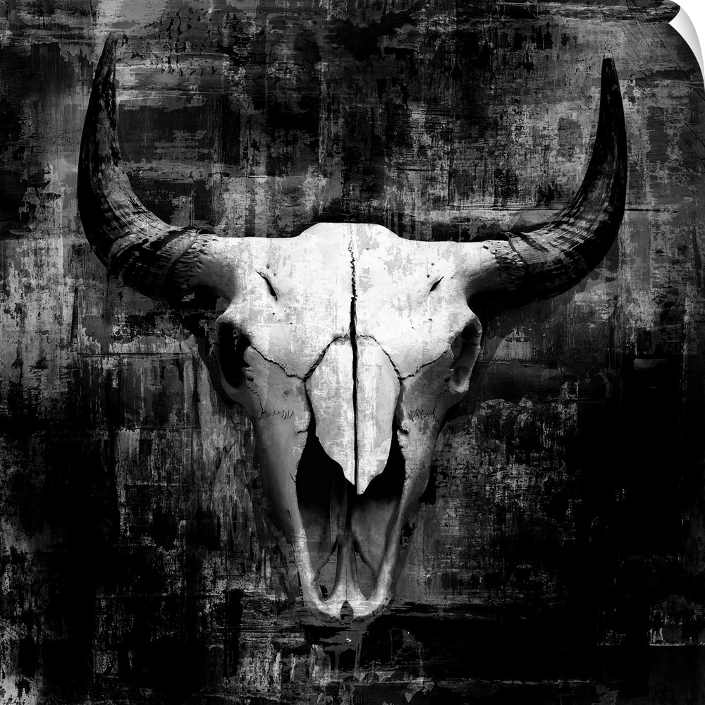 A digital illustration of a cow skull in black and white with a rustic textured effect.
