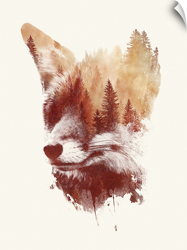 Contemporary double exposure artwork of a fox and forest silhouette scene.