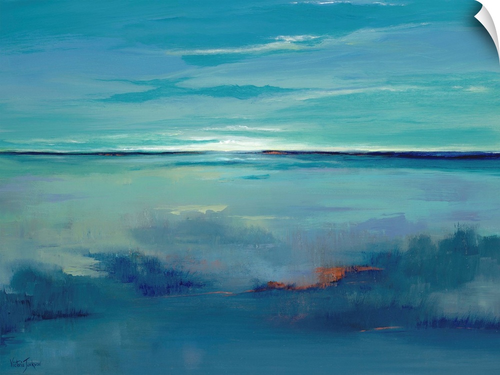 Contemporary abstract painting using using predominant blue tones resembling an open sea and horizon with setting sun.