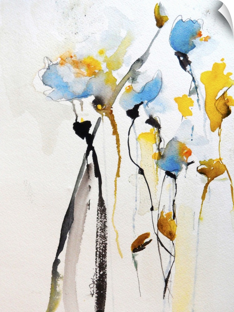 Contemporary watercolor painting of vibrant yellow and blue flowers.