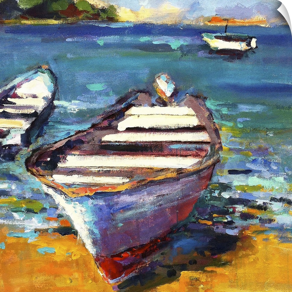 A coastal themed painting of a row boat sitting on the shore of a tropical beach.