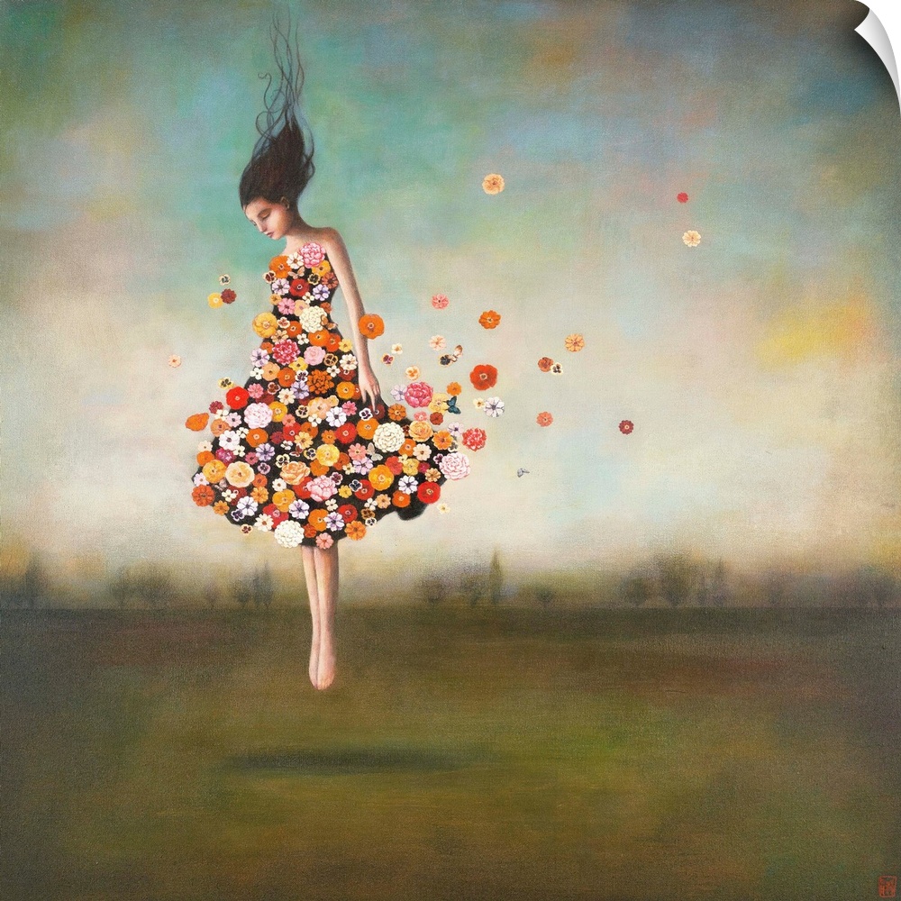 Contemporary surreal artwork of a woman wearing a dress made of flowers floating in the air.