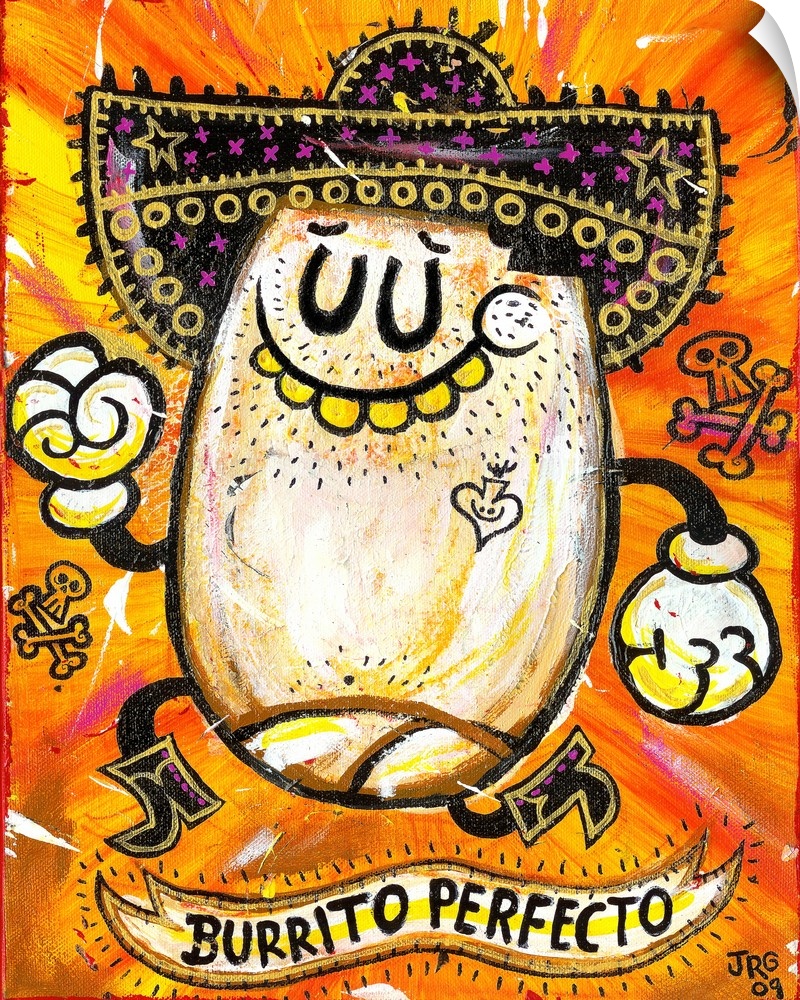 Latin art of a happy burrito wearing a decorated sombrero.