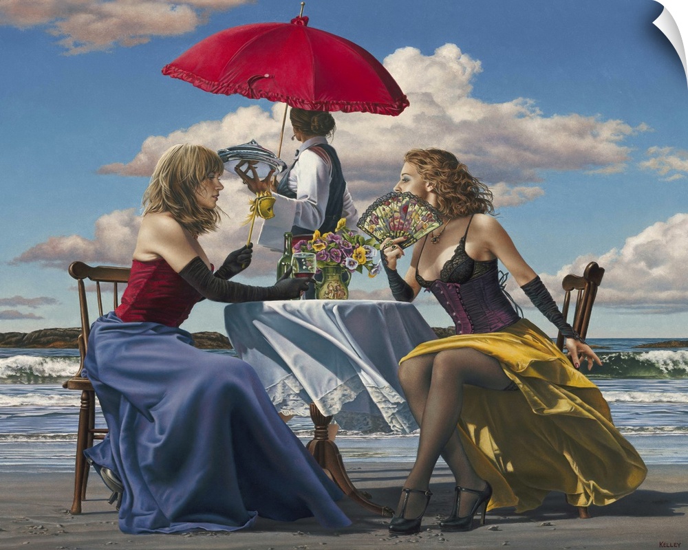 Contemporary painting of two women wearing lingerie sitting at a table on the beach. With another woman standing behind th...