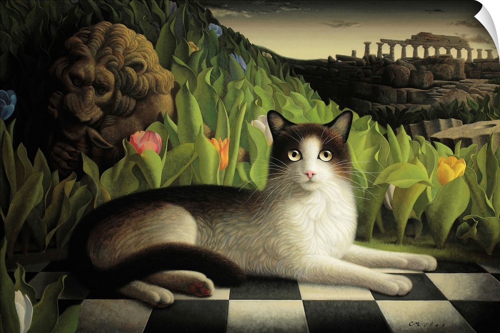 Surrealist painting of a cat lying on a tiled floor with a landscape and decrepit columned structure in the background.