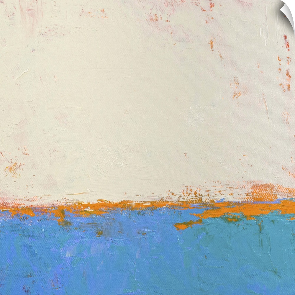 Contemporary abstract colorfield painting using blue orange and cream in a distressed style.