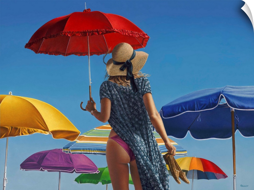 A contemporary painting of a woman standing with beach canopies and holding a red umbrella.