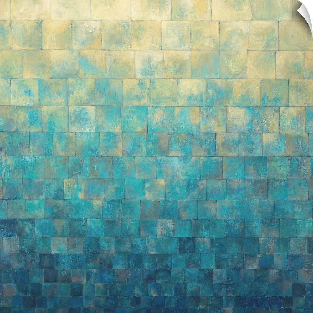 A contemporary abstract painting using a flow of geometric shapes in a transition of cream to blue.