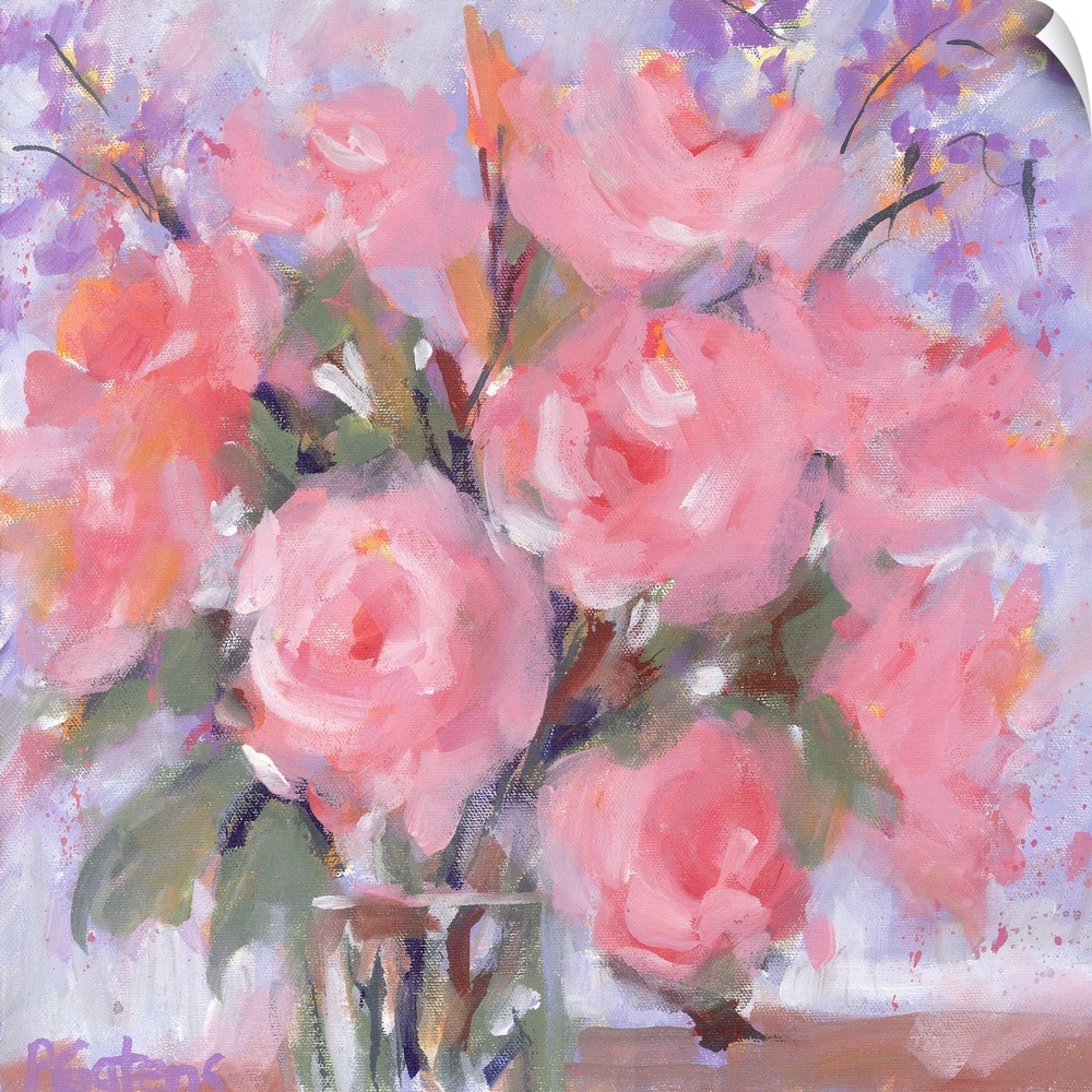 A square contemporary painting of a vase of flowers in pastel colors of pink and purple.