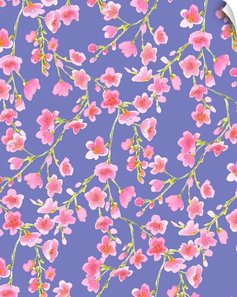 A painting of light pink flowers on vines against a purple background.