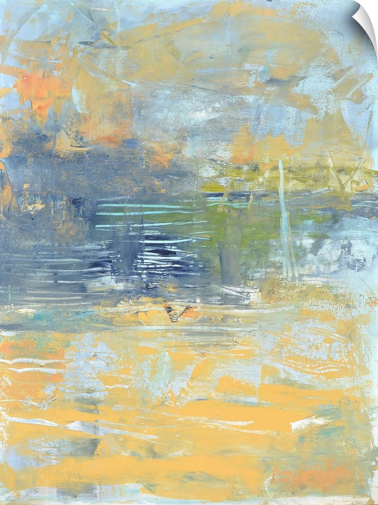 Abstract painting of the Chesapeake Bay in muted yellow, navy, and powder blue.