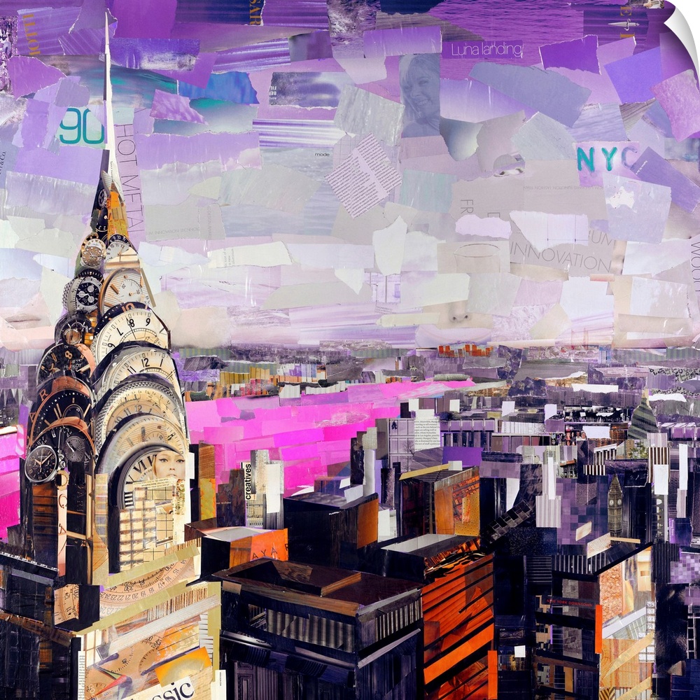 Mixed media artwork of a cityscape of New York City made from cut magazine and book pages.