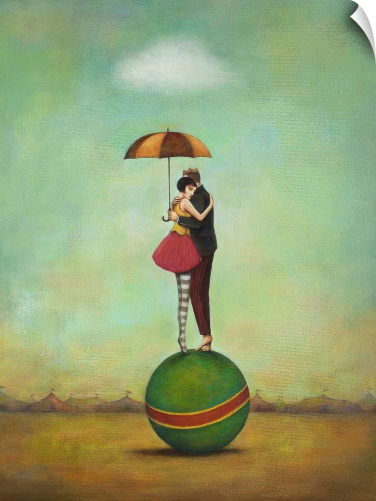 Contemporary surreal artwork of a woman and man embracing on top of a green ball.