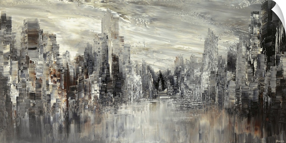 Contemporary painting of a large city full of skyscrapers with a gloomy sky.