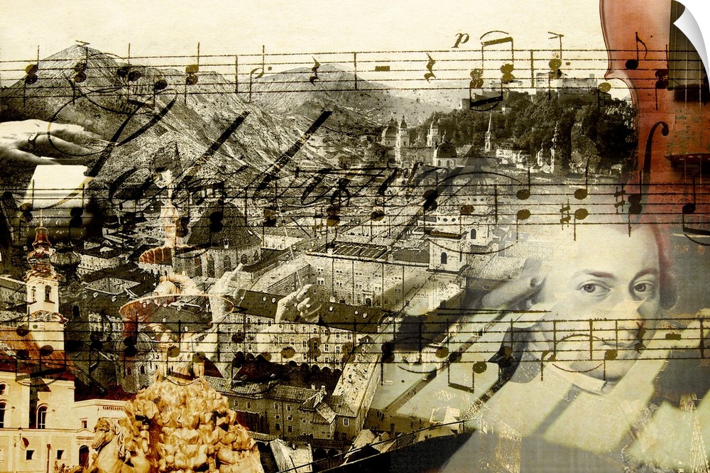 A horizontal collage in a classical music theme.