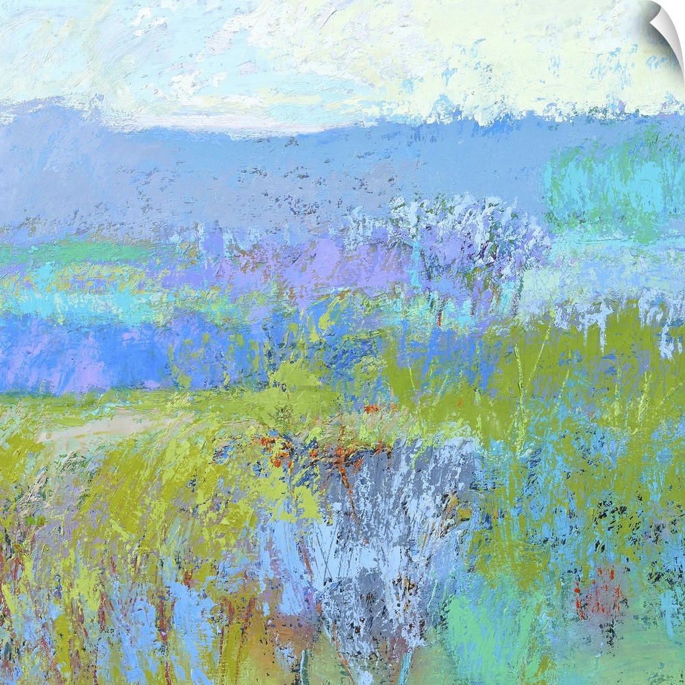 Contemporary landscape painting in vibrant blue, green, and turquoise shades.