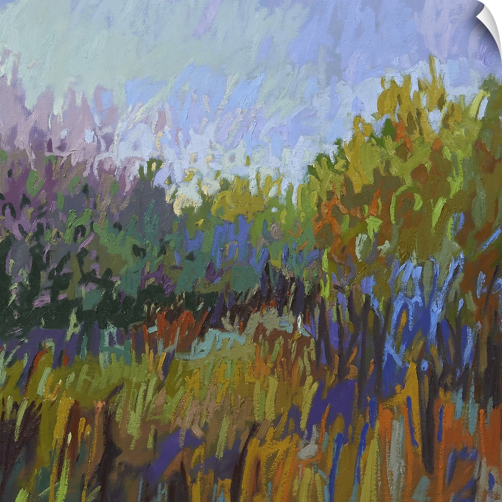 Semi-abstract painting of a grassy field lined with trees.
