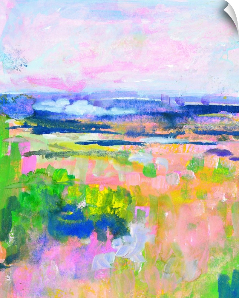 Brightly colored landscape with a field of vivid green and pink under a pastel blue and pink sky.