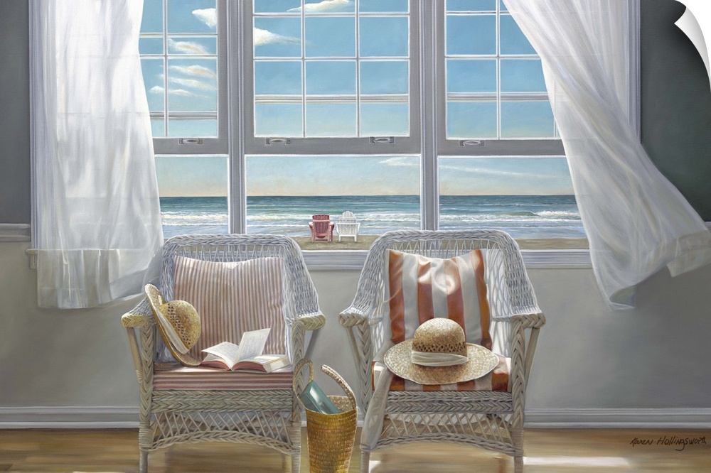 Contemporary painting of two chairs sitting in a sunlit room, with an open window and drapes being blown in the wind.