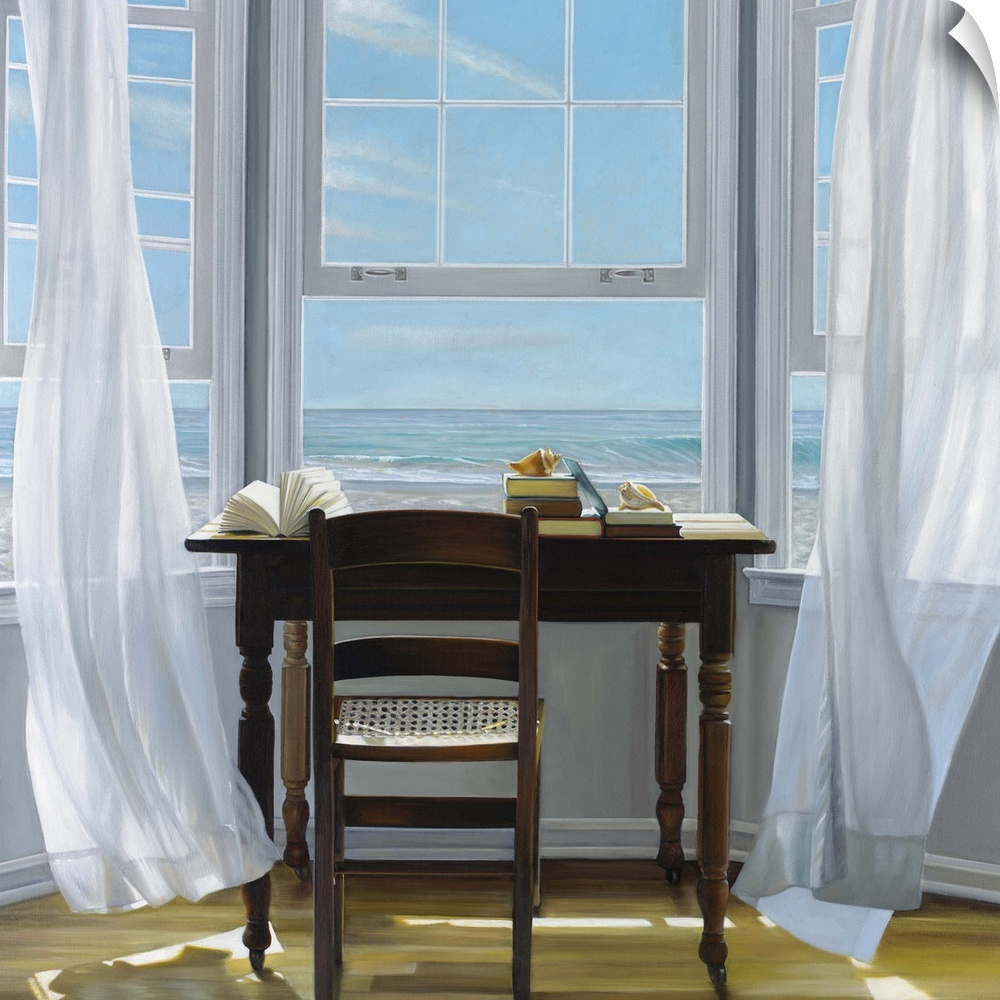 Contemporary painting of chairs and table sitting in sunlit room, with an open window behind and drapes being blown in the...