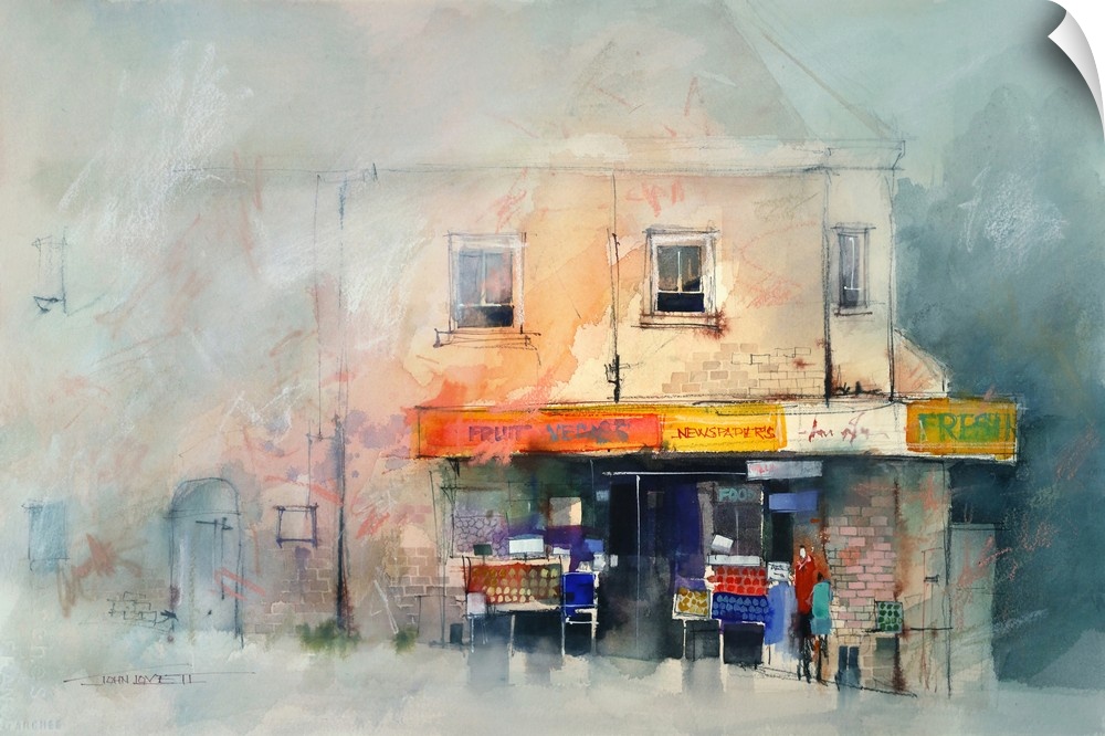 Contemporary painting of a corner store in an urban atmosphere.