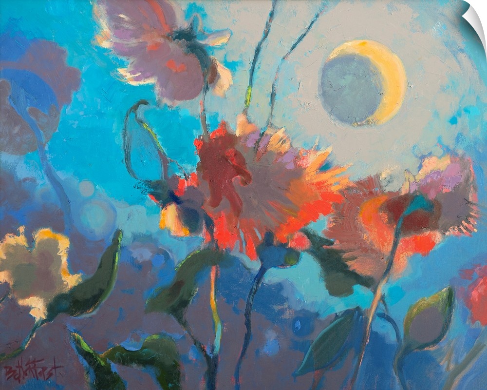 A contemporary painting of colorful flowers under a moonlit sky.