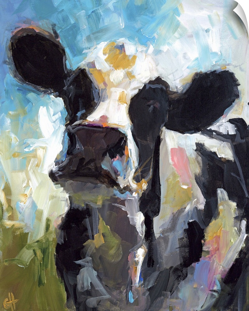Contemporary portrait of a black and white dairy cow.