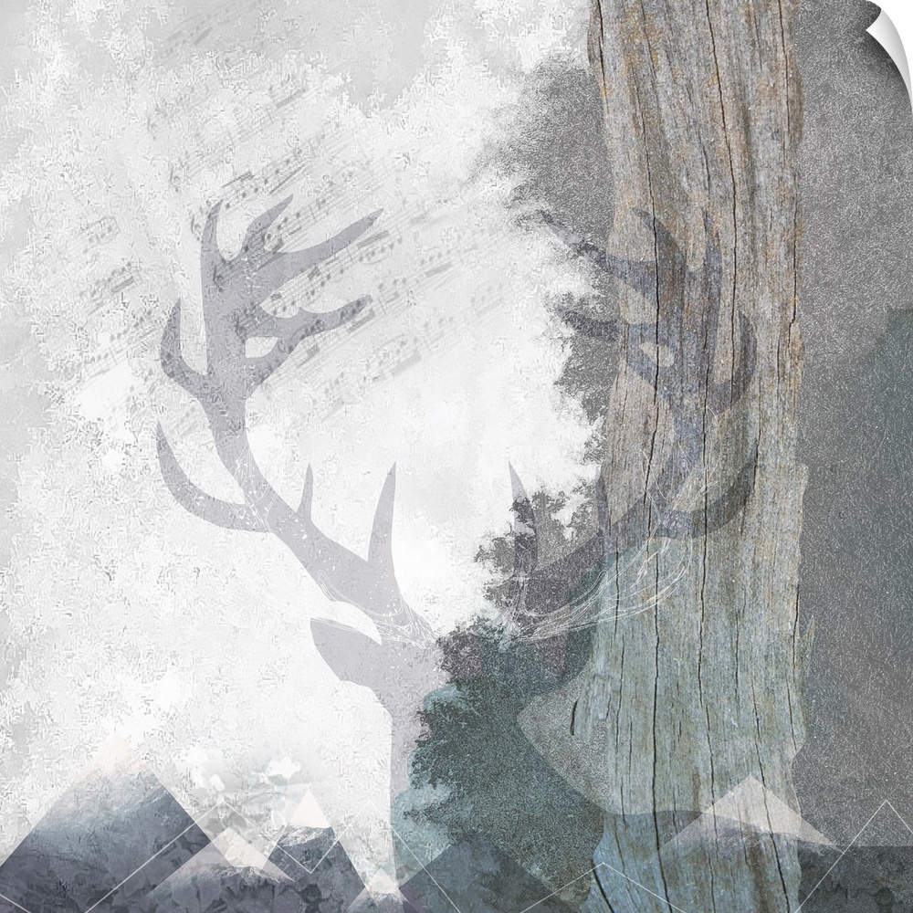 Contemporary artwork of a faded illustration of a stag against a distressed background of wilderness imagery.