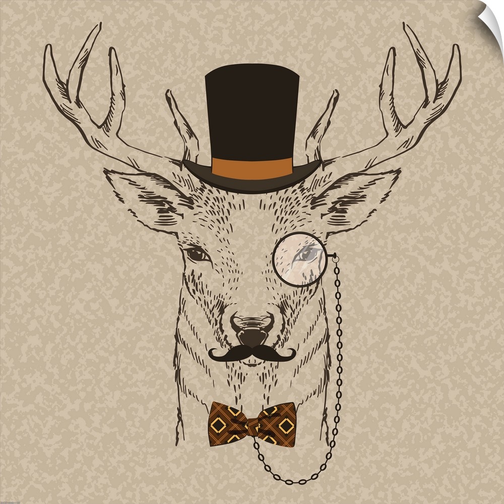 Illustration of a deer head with a mustache, top hat and monocle.