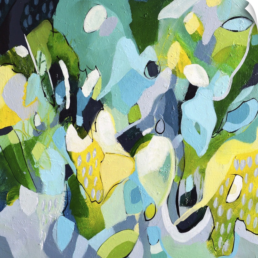 Festive abstract painting with blue, green, and yellow shapes.