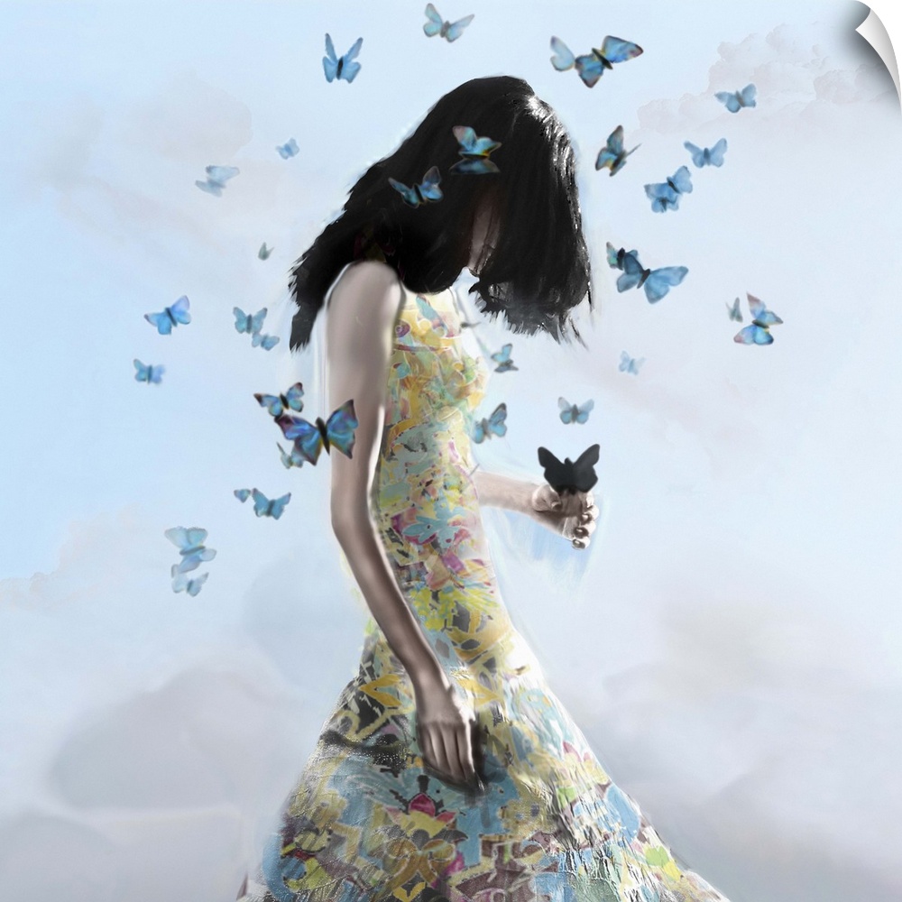 Contemporary artwork of a women with dark hair standing against a blue background, wearing a dress with blue butterflies h...