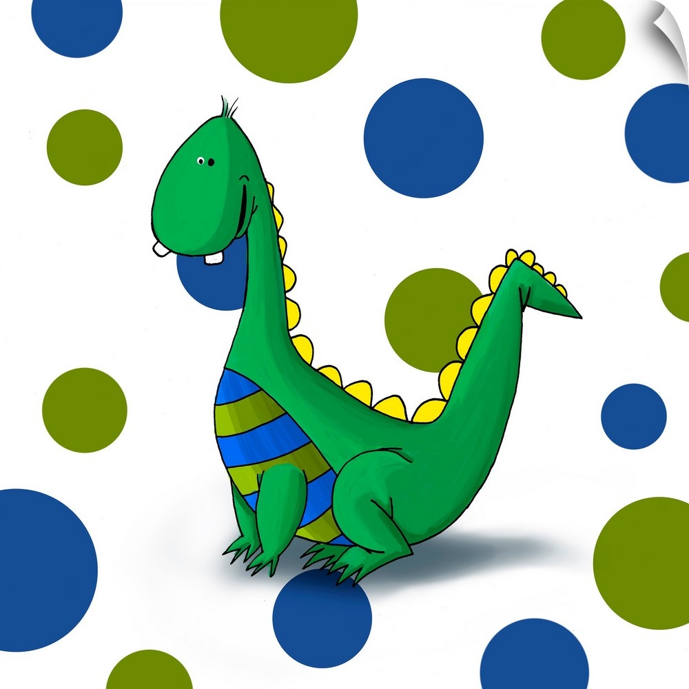 Digital illustration of a dragon on a polka dot background.