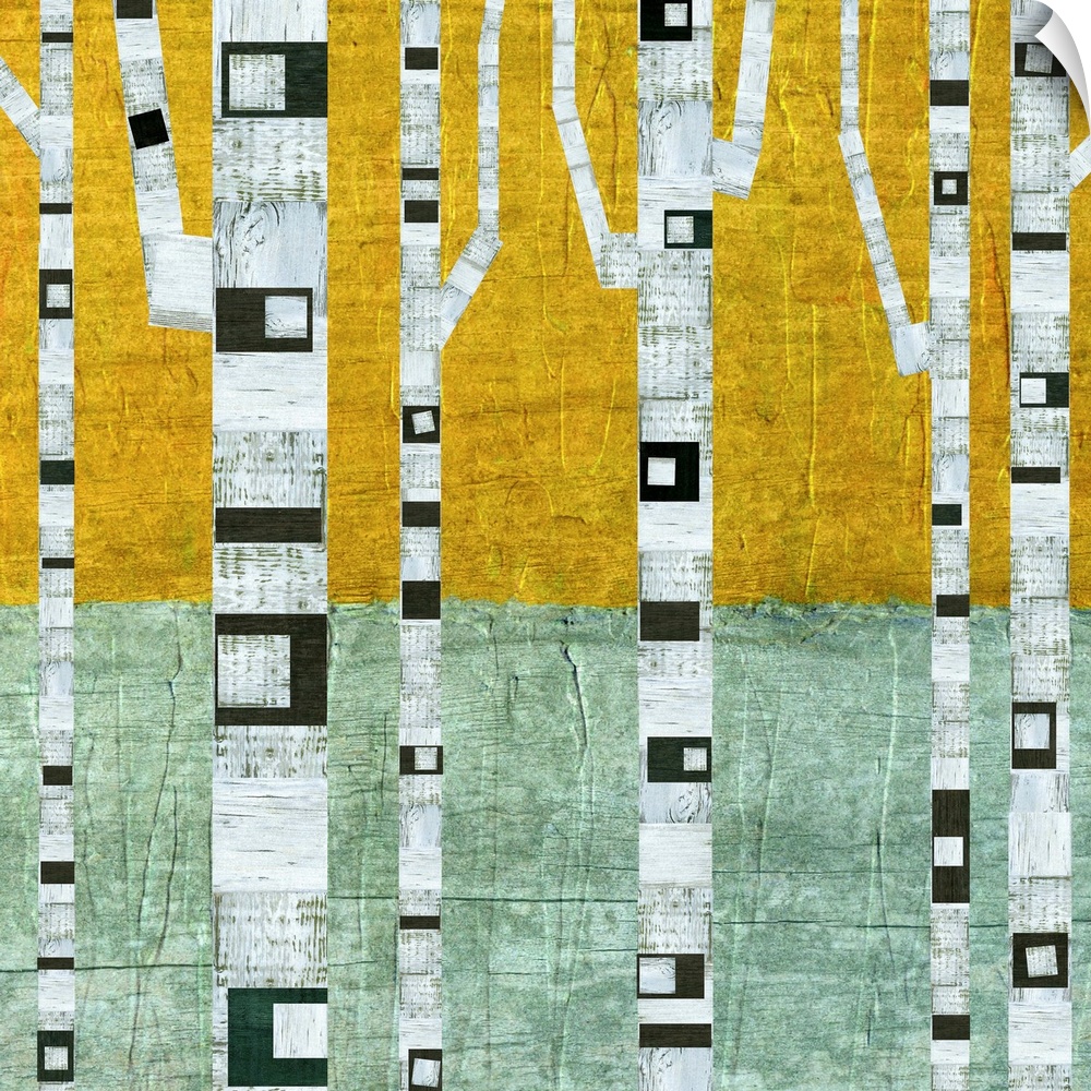 Stylized painting of a forest of white and black birch trees.