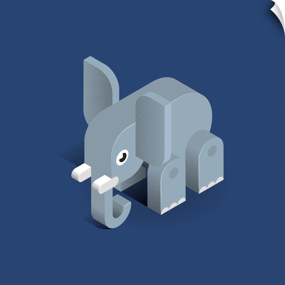 Contemporary piece of artwork of a geometric yet soft looking blocky elephant.