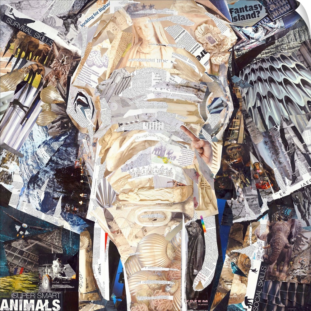 Mixed media artwork of an elephant  made from cut magazine and book pages.
