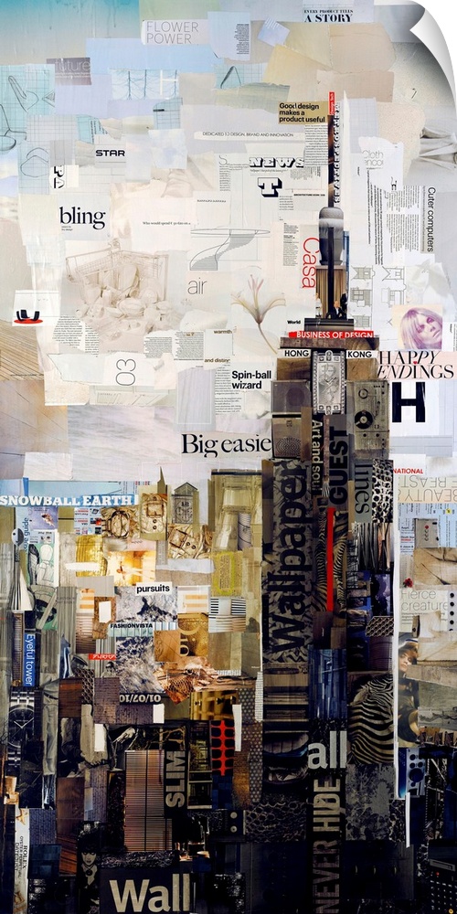 Mixed media artwork of the Empire States Building made from cut magazine and book pages.