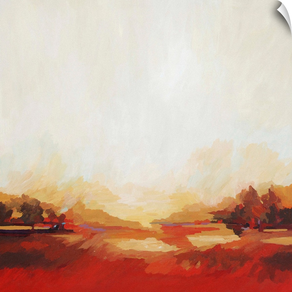 A contemporary abstract painting of a red landscape under a light cream sky.