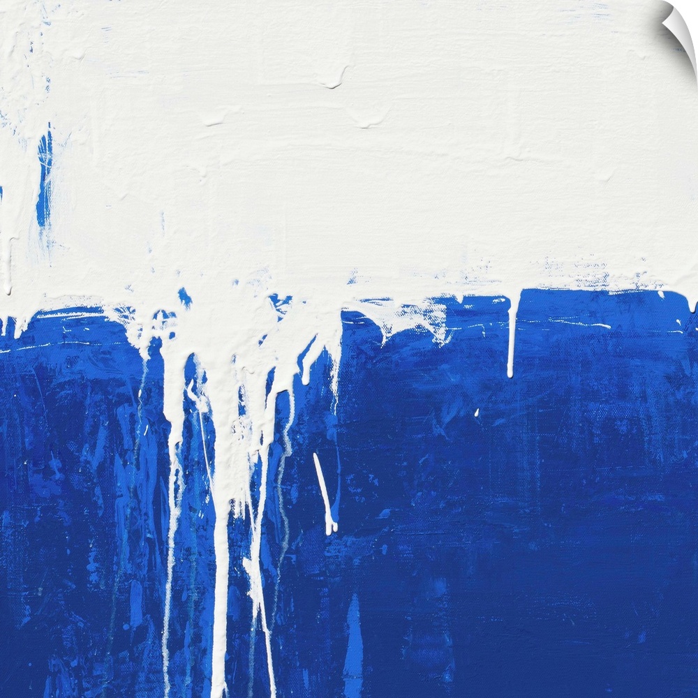 Contemporary abstract colorfield painting using deep blue and white in a distressed style.