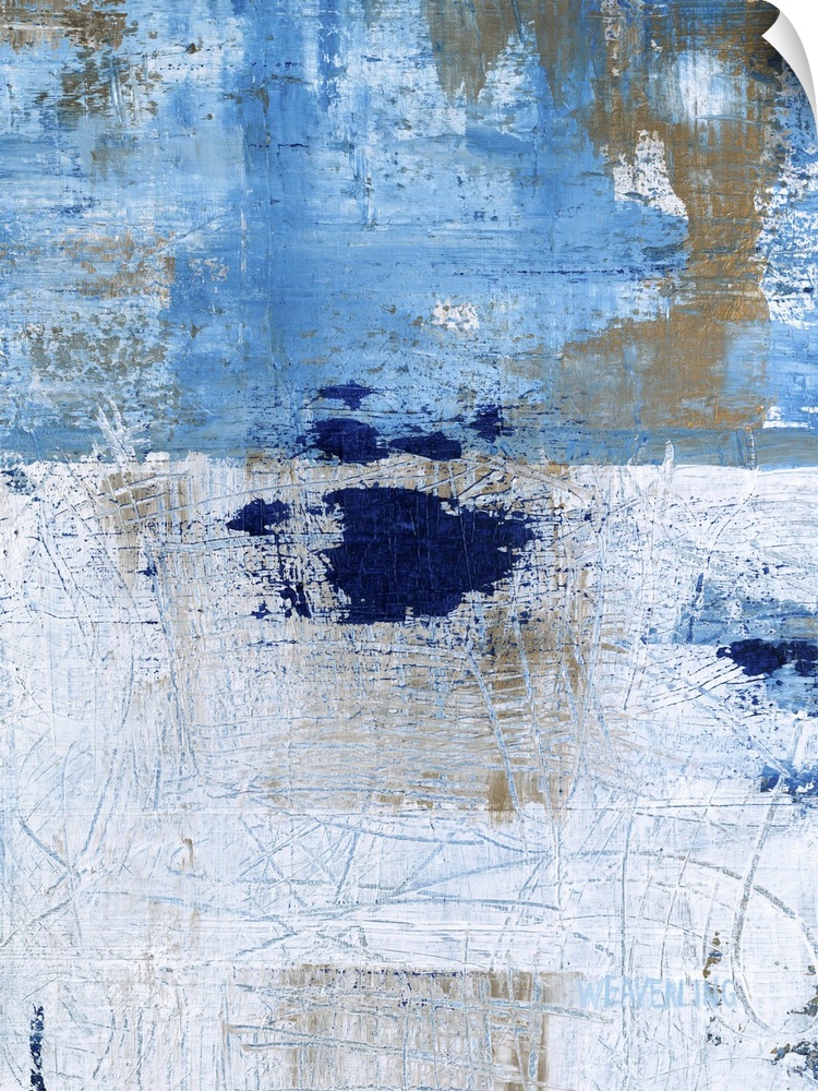 A contemporary abstract painting using distressed blue and gray tones.